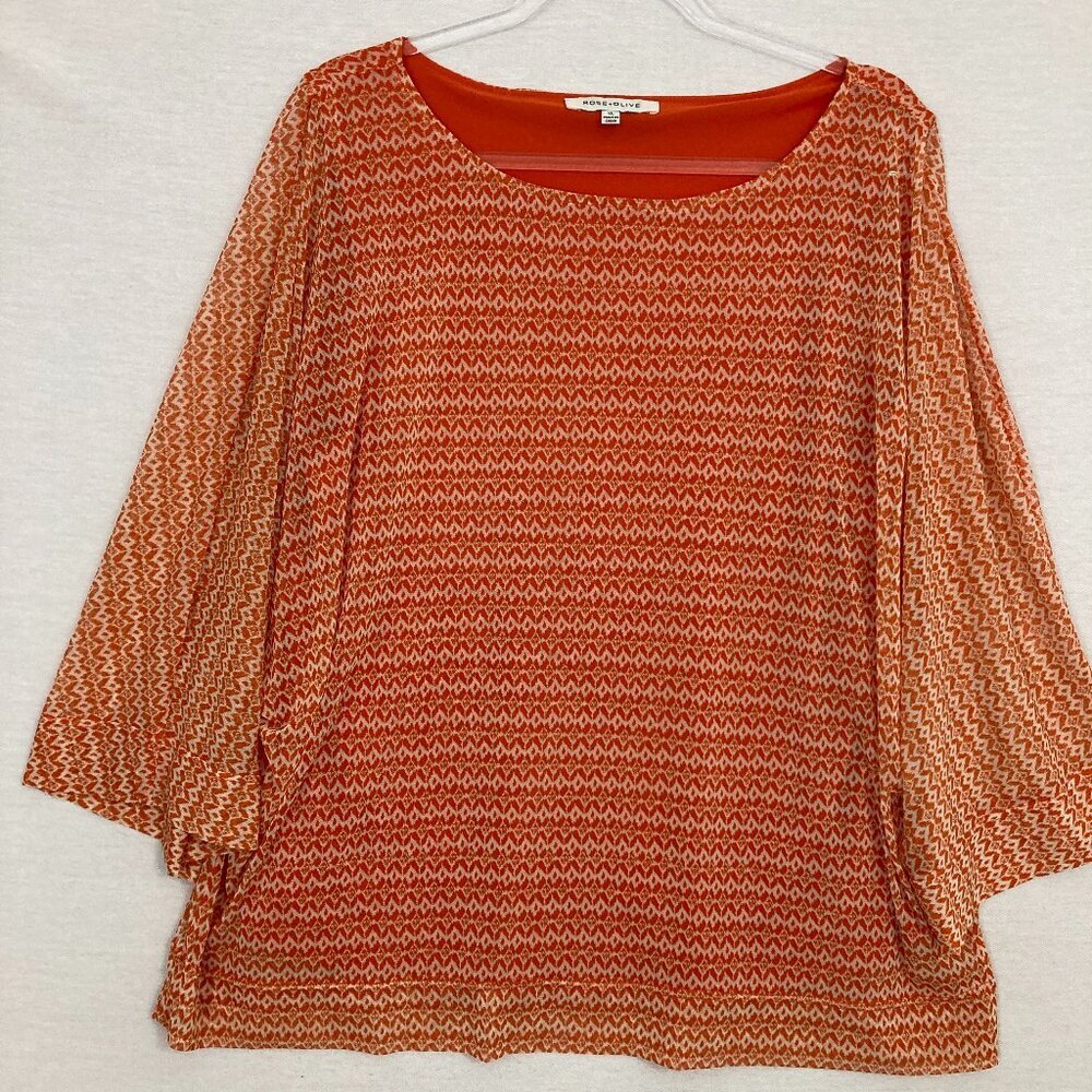 Rose & Olive Orange Red Geometric Print Round Neck Dolman Sleeve Top XL Relaxed